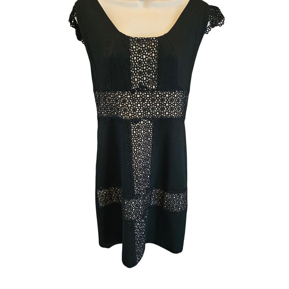 Anthropologie Yoana Baraschi 6 Black Midi Dress Lace cut out sexy shift cap slv